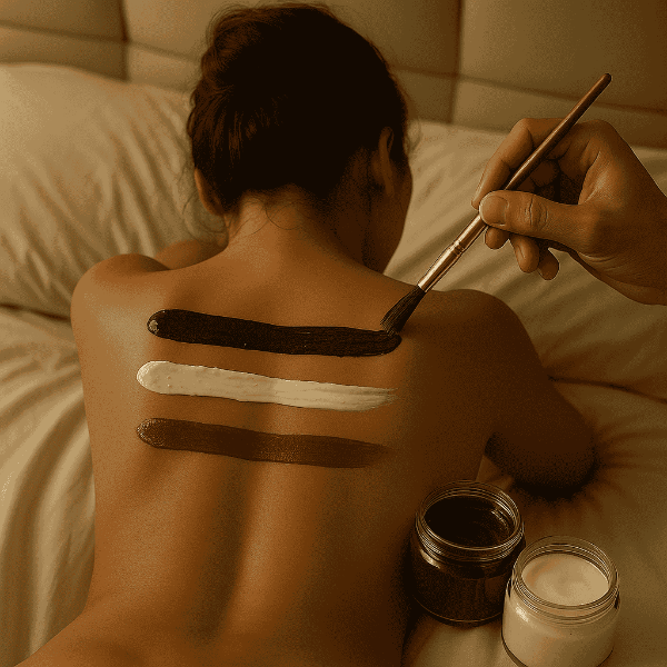 Person applying black and white paint stripes on another person's back with a brush.