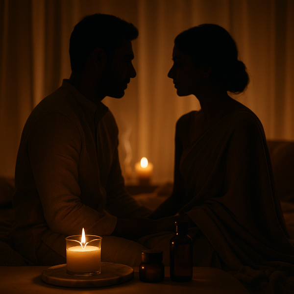 Silhouette of a couple in a romantic setting with candles and a oil bottle.