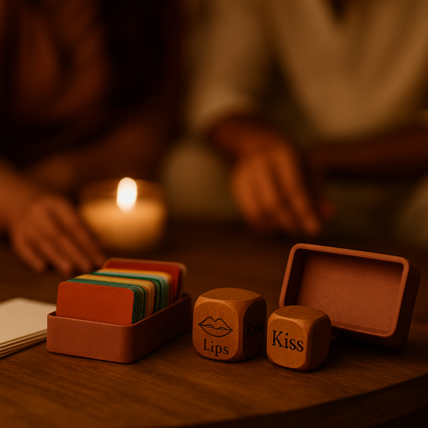 Wooden game pieces with 'Lips' and 'Kiss' on a table with a candle in the background