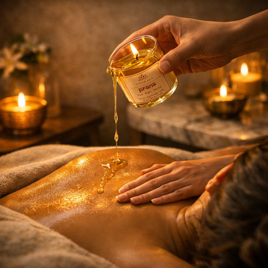 Hand pouring a candle labeled 'Indraya' onto a person's back during a massage.