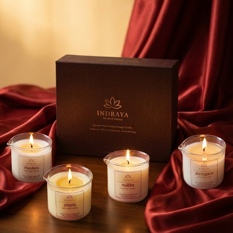 Indraya Moisturising Massage Candles Set of 4 × 60g | Light. Melt. Touch. Connect. Indraya