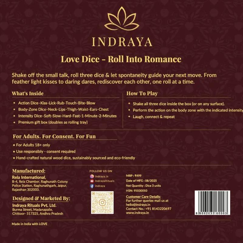 Indraya Love Dice packaging with product details and branding on a dark background