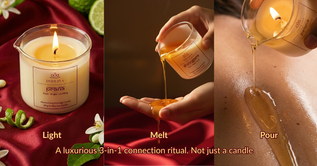 Load video: Indraya Connection Ritual: A close-up of the Moisturising Melt-to-Oil Candles being poured onto skin as warm, aromatic oil for a sensory couples massage