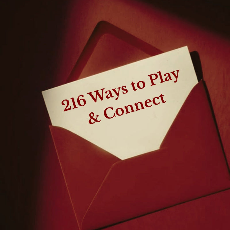 Red envelope with a card inside reading '216 Ways to Play & Connect' on a dark red background

