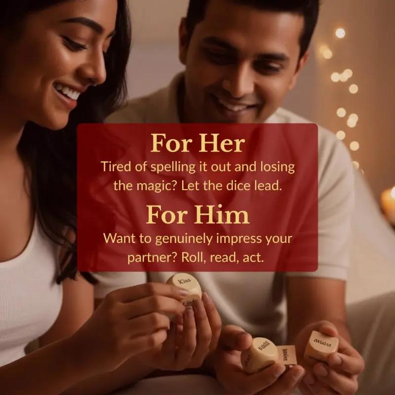 Two people holding dice with text overlay on a warm background

