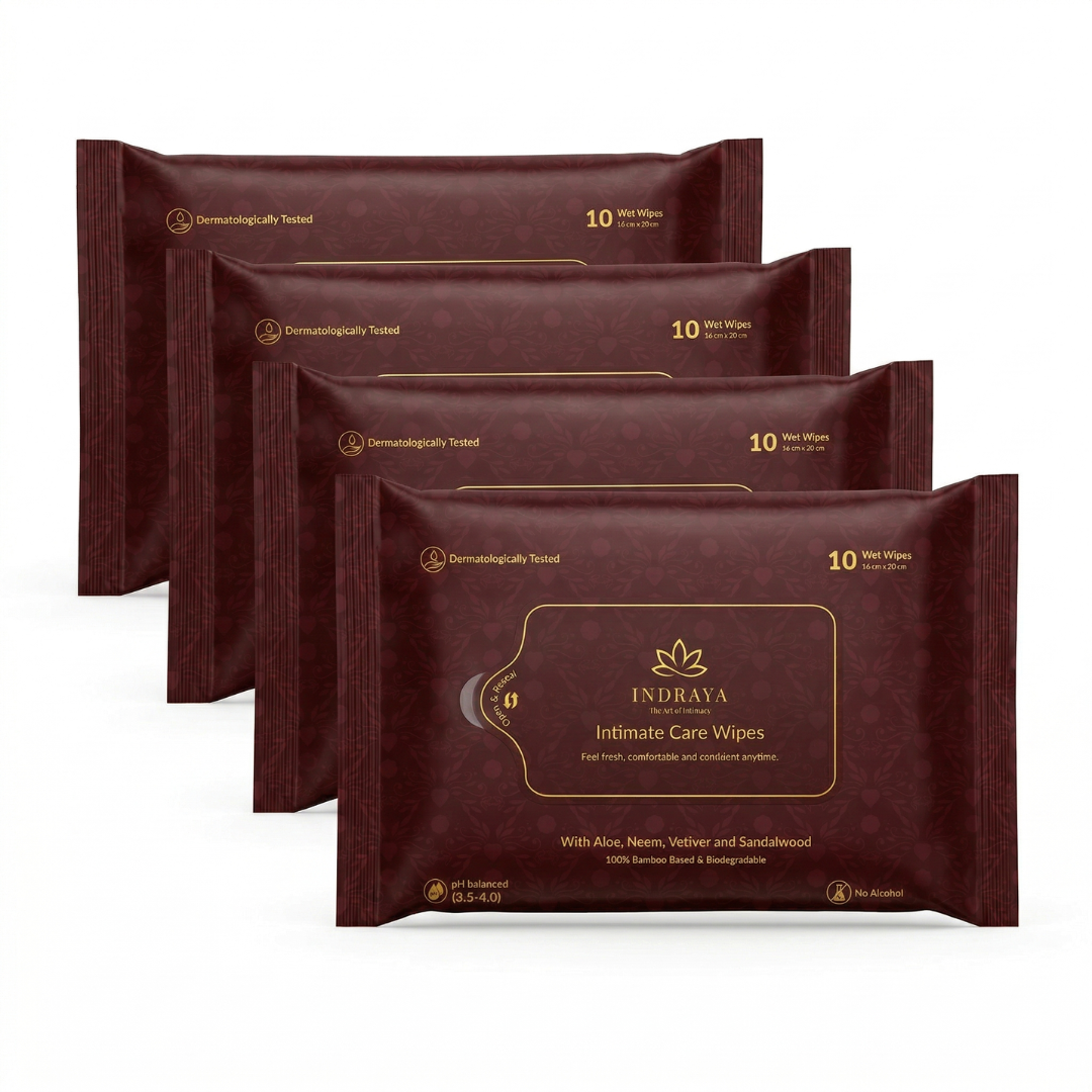 Indraya Sensitive Intimate care Wipes | 100% Bamboo | pH Balanced 3.5 | Prebiotic Care | Pack of 40 (4x10) Indraya