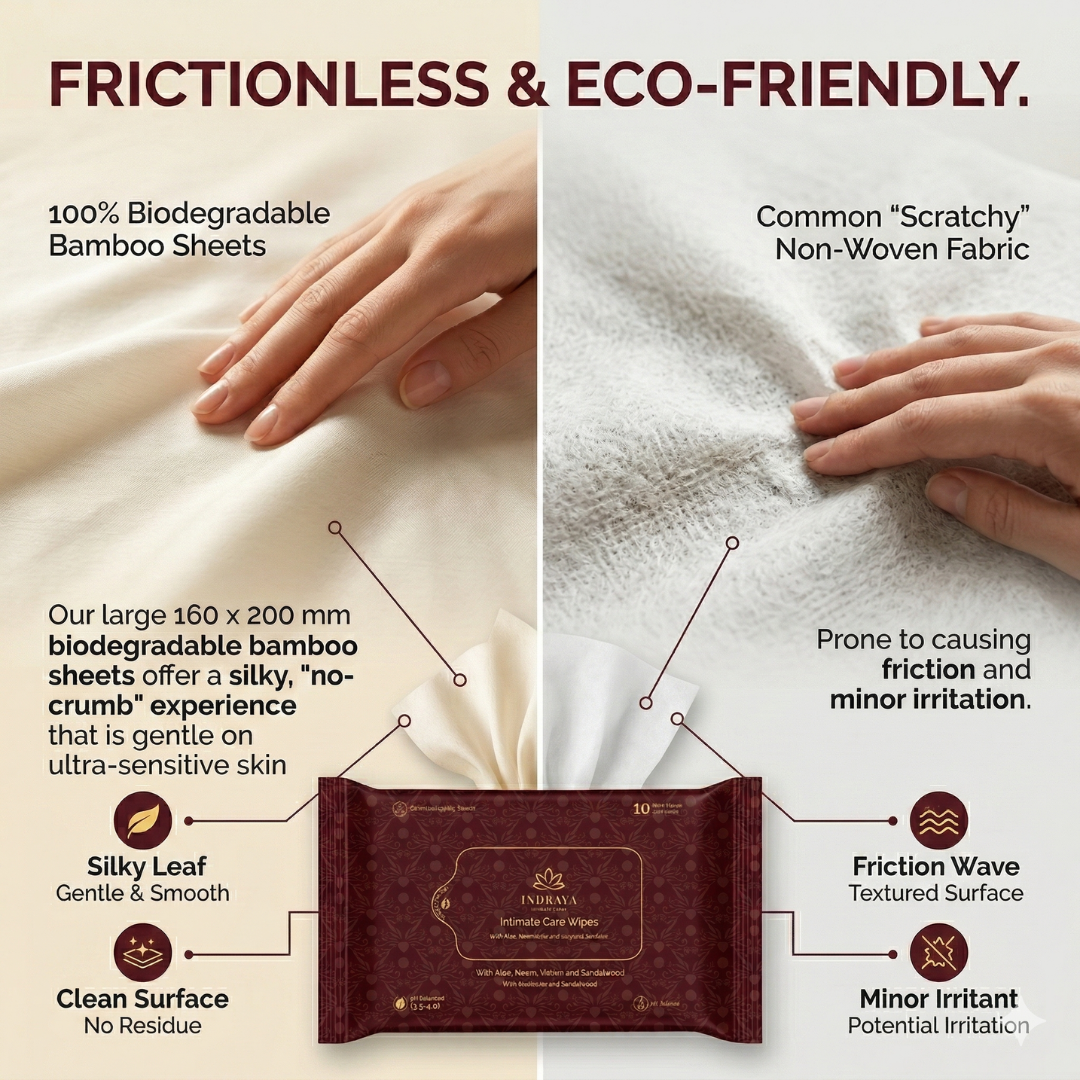 Indraya Sensitive Intimate care Wipes | 100% Bamboo | pH Balanced 3.5 | Prebiotic Care | Pack of 40 (4x10) Indraya