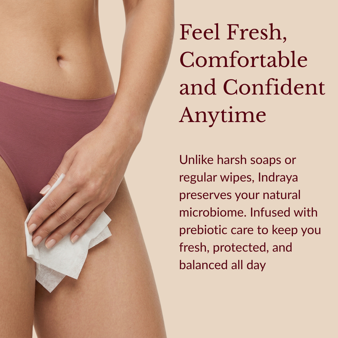 Indraya Sensitive Intimate care Wipes | 100% Bamboo | pH Balanced 3.5 | Prebiotic Care | Pack of 40 (4x10) Indraya