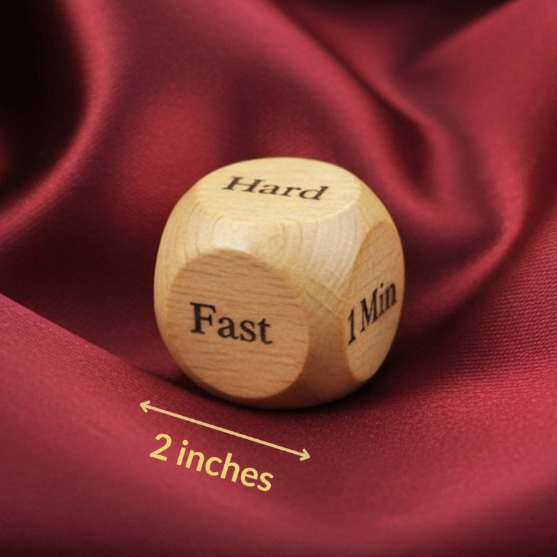 Wooden die with text on a red fabric background