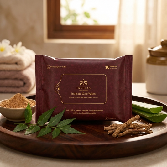 Indraya Sensitive Intimate care Wipes | 100% Bamboo | pH Balanced 3.5 | Prebiotic Care | Pack of 40 (4x10) Indraya