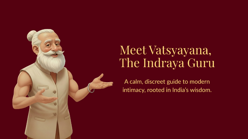 Animated character of Vatsyayana on a red background - Indraya Guru